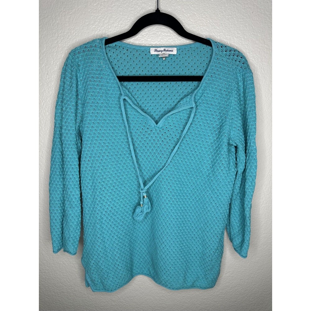 Tommy Bahama Sweater Womens Medium Blue Tassel Tie V Neck Knit Pullover Boho
